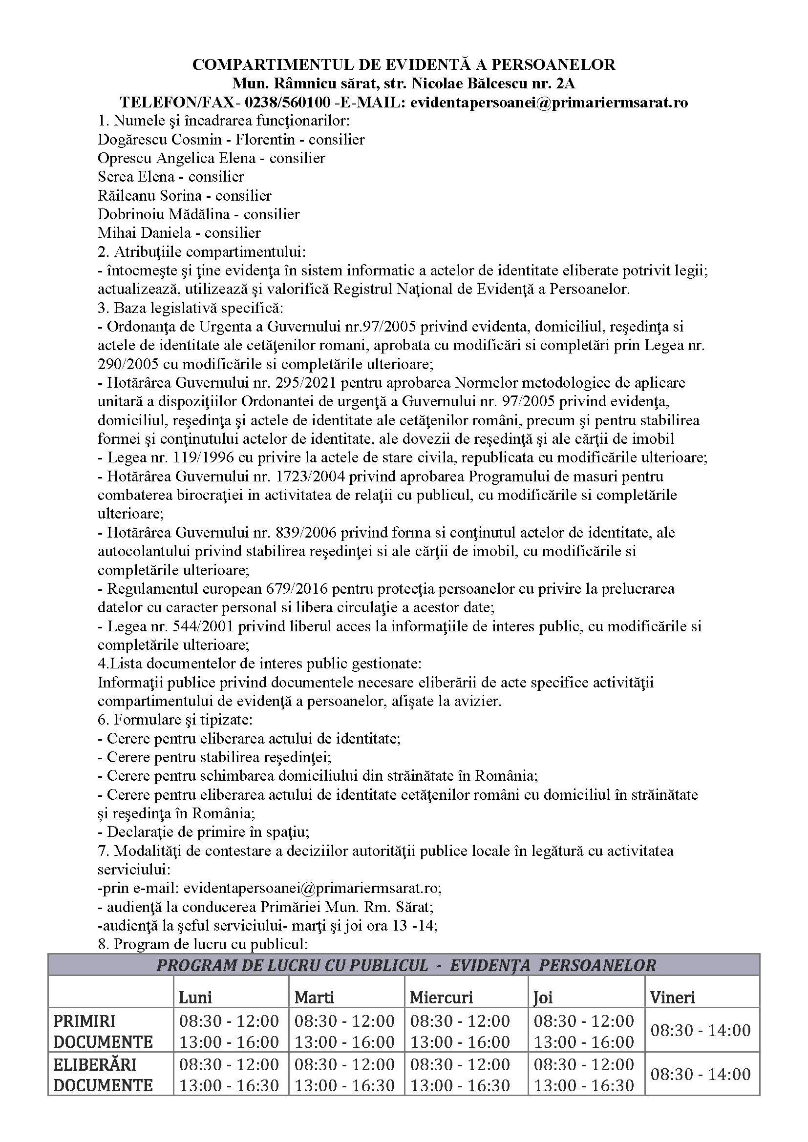 Program de lucru - Evidență Persoane