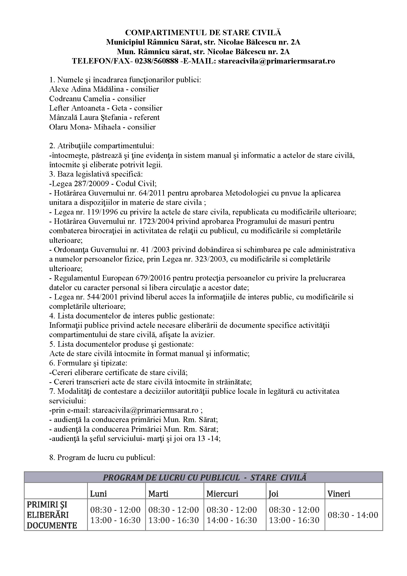 Program de lucru - Stare Civilă